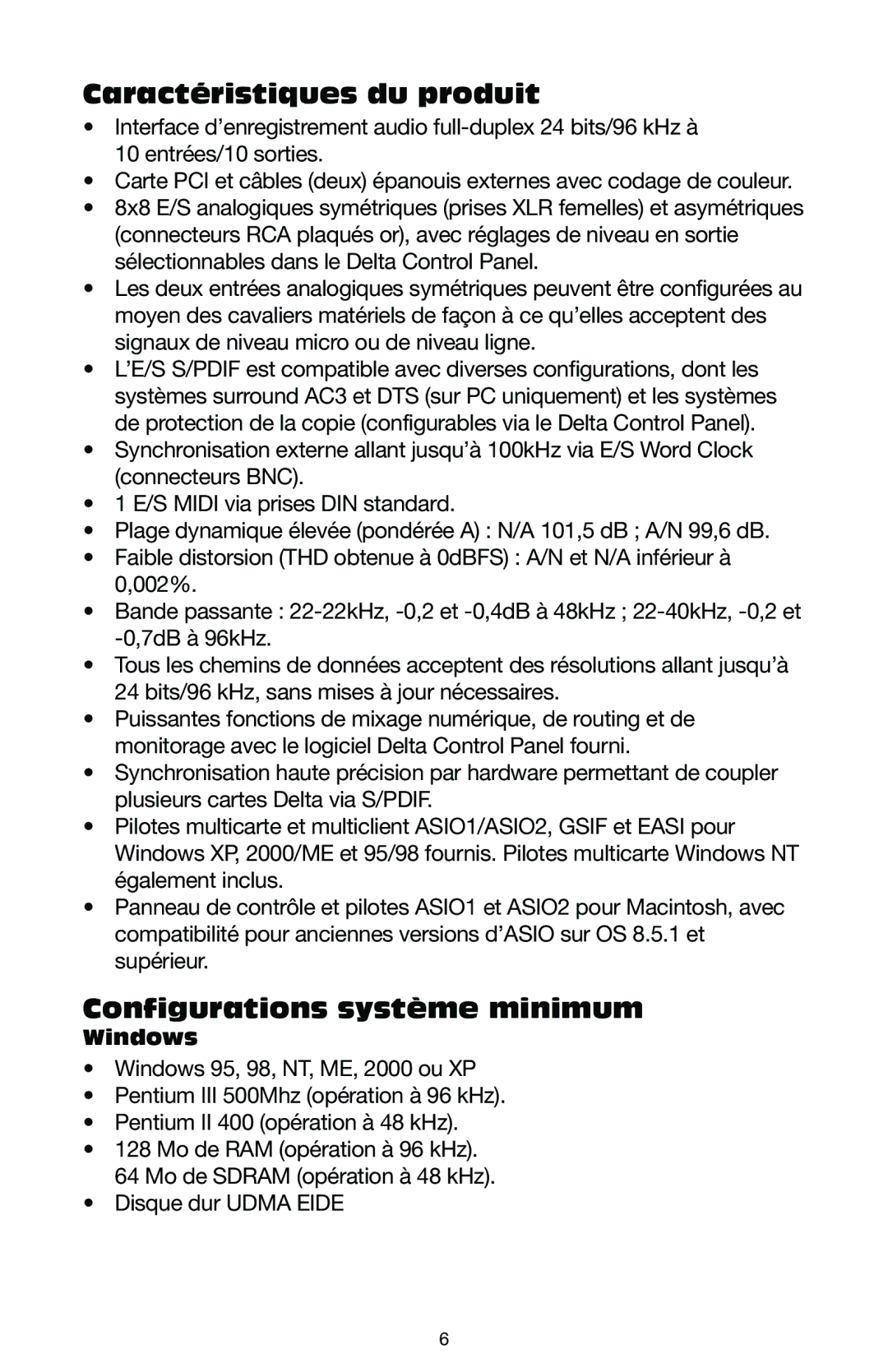 M-Audio DELTA 1010LT manual Caractéristiques du produit, Configurations système minimum, Windows 