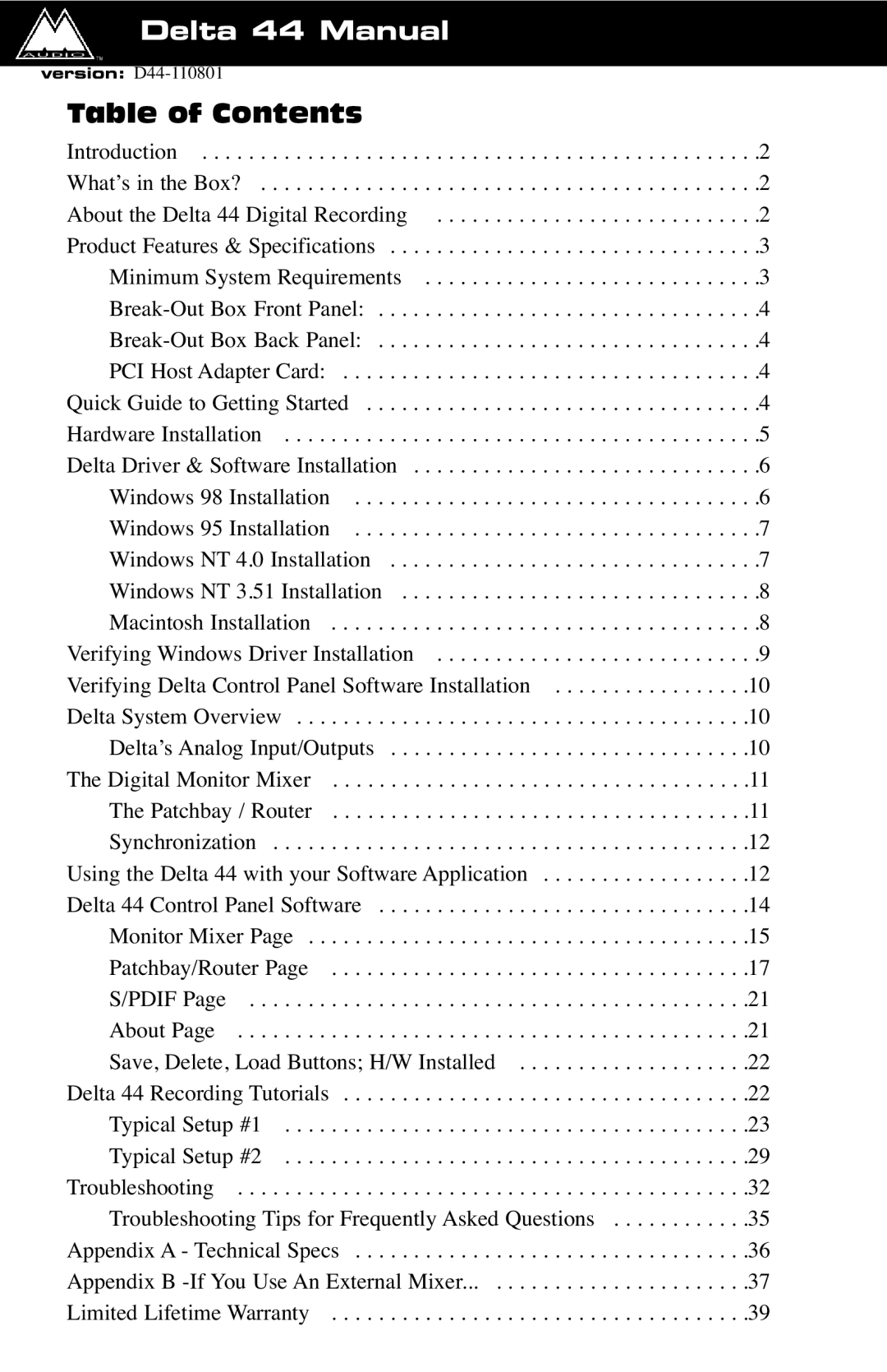 M-Audio specifications Delta 44 Manual, Table of Contents 