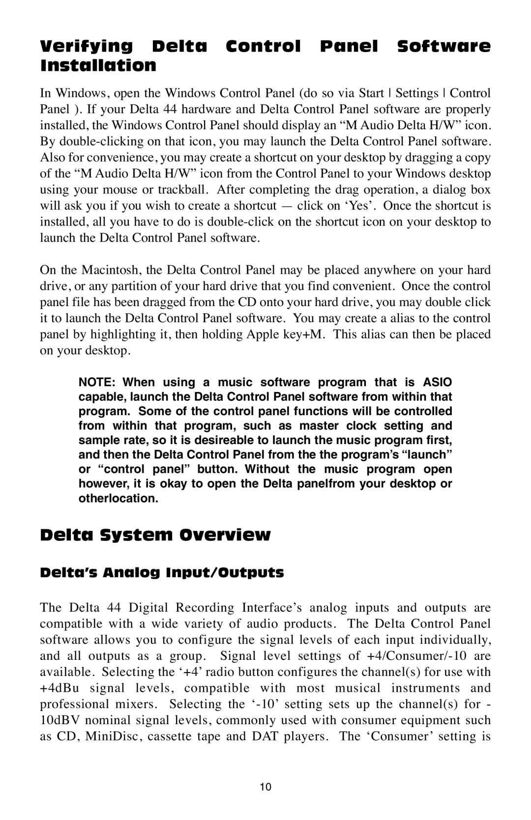 M-Audio Delta 44 Verifying Delta Control Panel Software Installation, Delta System Overview, Delta’s Analog Input/Outputs 