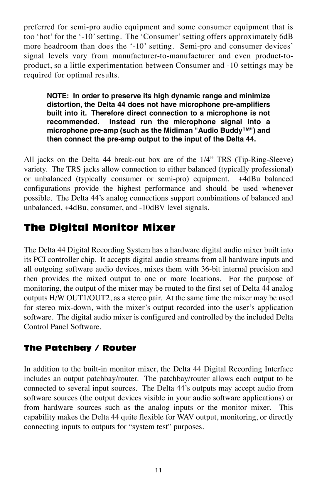 M-Audio Delta 44 specifications Digital Monitor Mixer, Patchbay / Router 