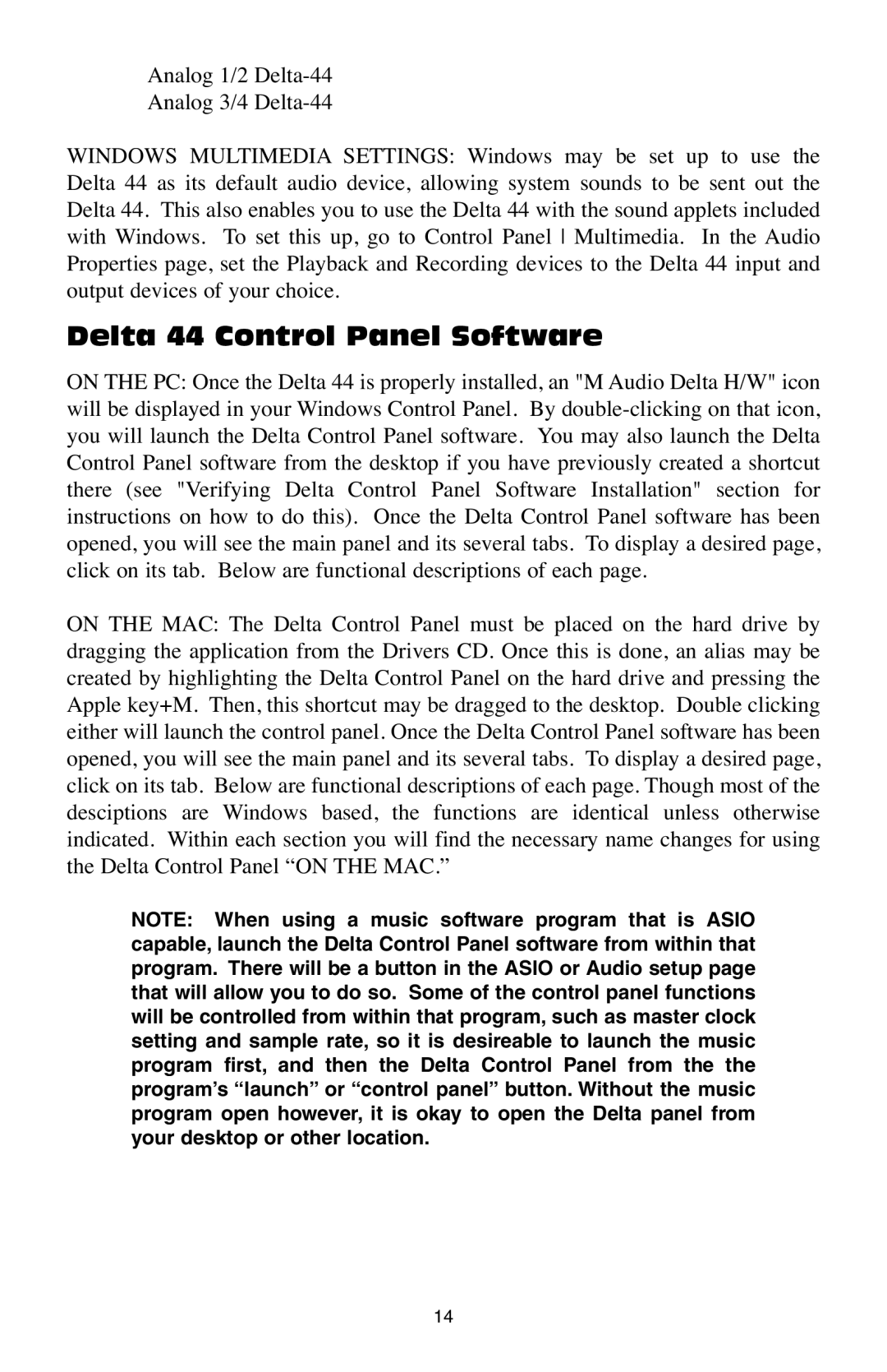 M-Audio specifications Delta 44 Control Panel Software 