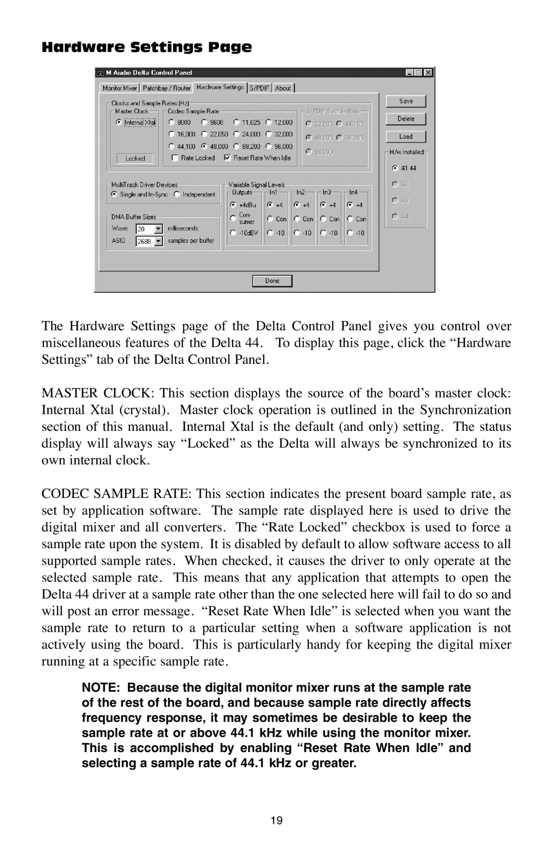 M-Audio Delta 44 specifications Hardware Settings 