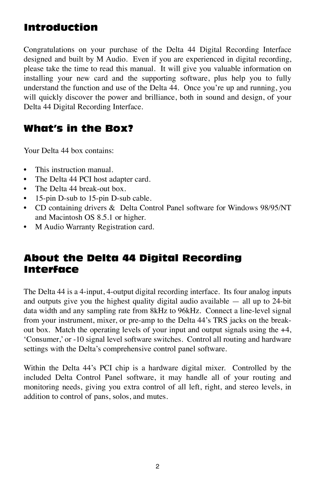 M-Audio specifications Introduction, What’s in the Box?, About the Delta 44 Digital Recording Interface 