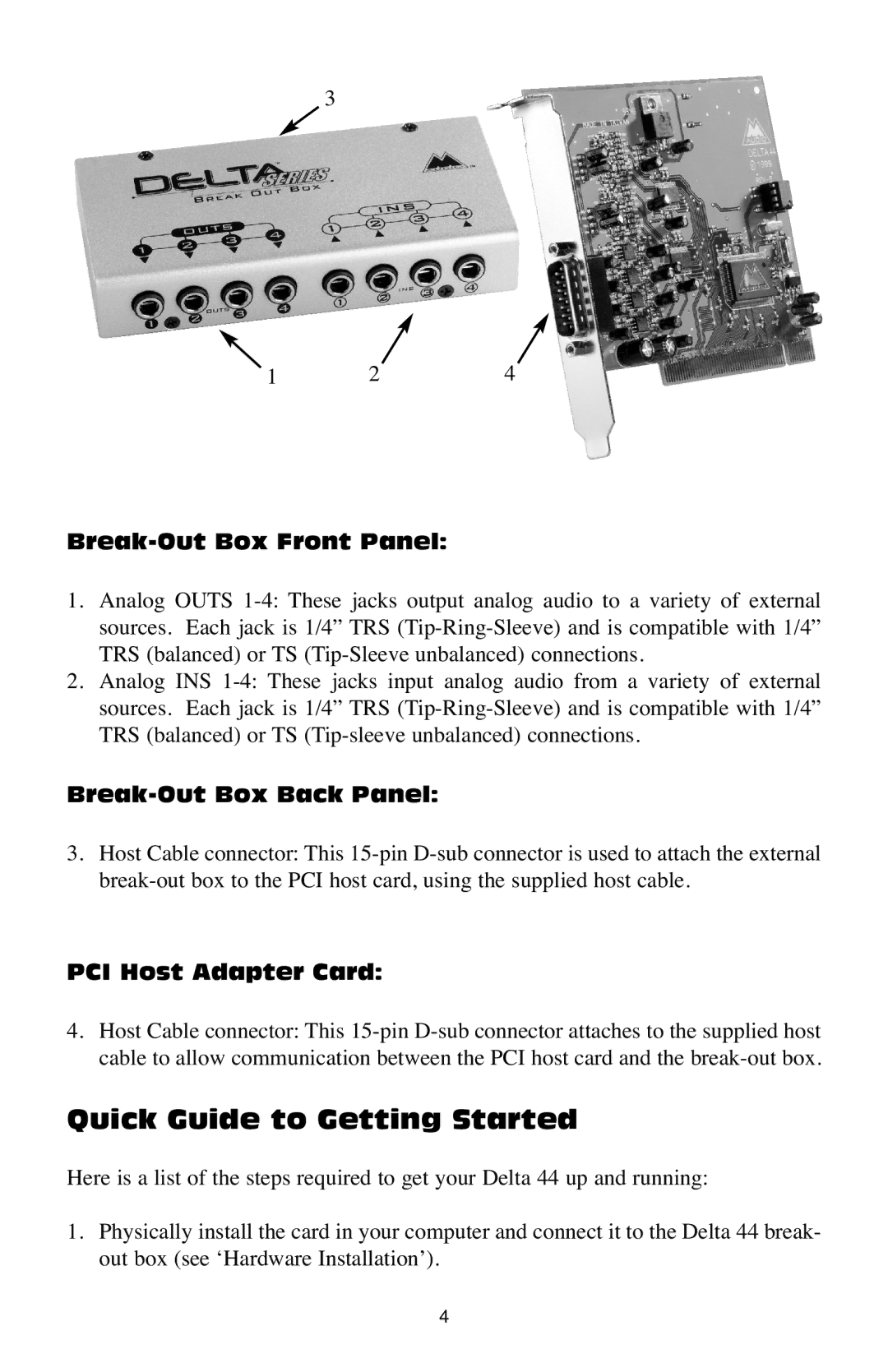 M-Audio Delta 44 specifications Quick Guide to Getting Started, Break-Out Box Front Panel, Break-Out Box Back Panel 