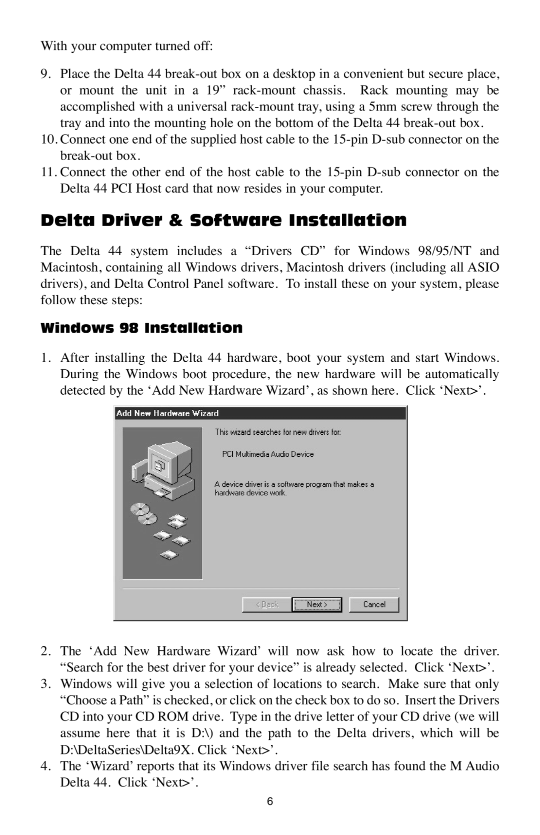 M-Audio Delta 44 specifications Delta Driver & Software Installation, Windows 98 Installation 