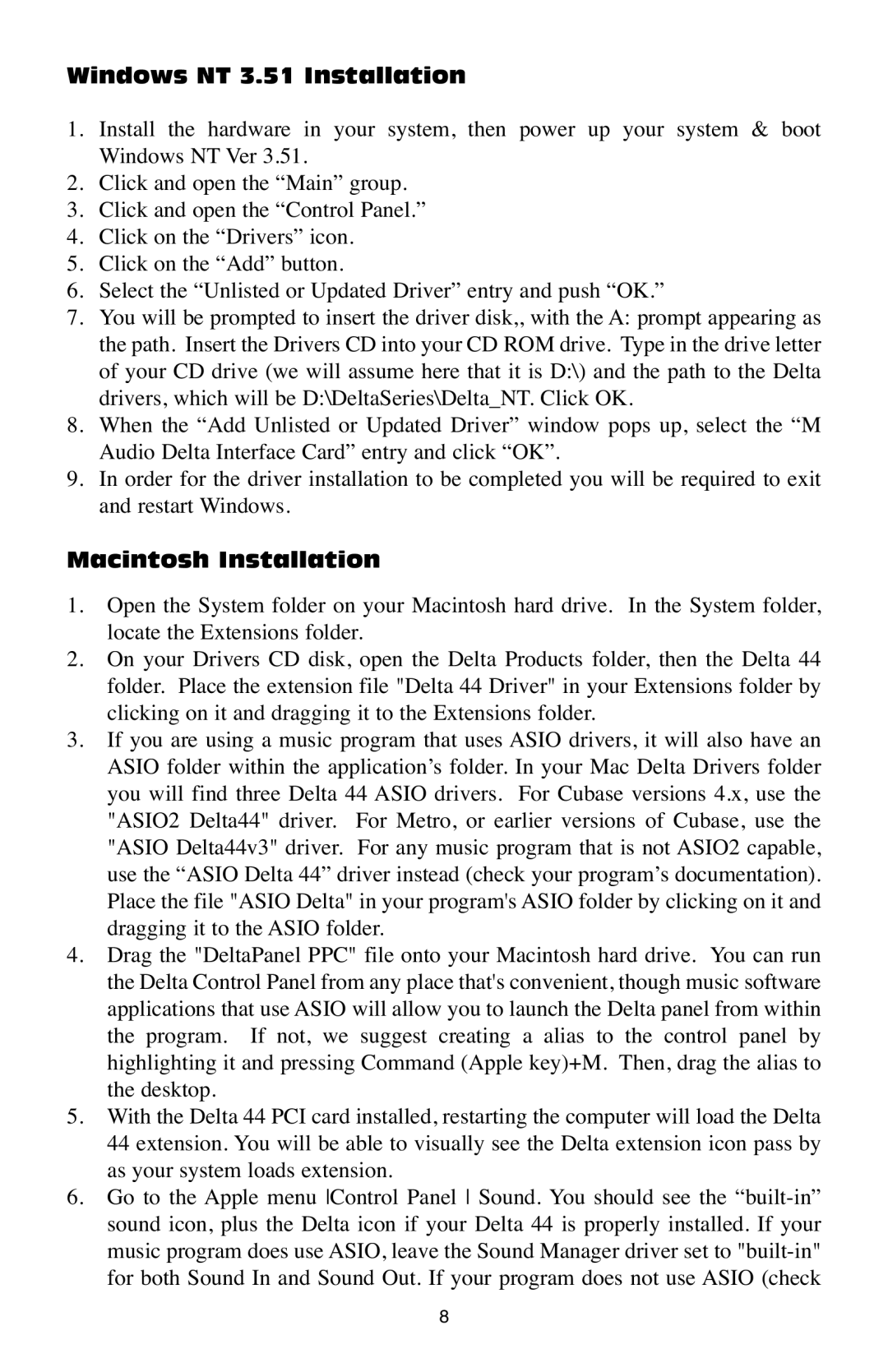 M-Audio Delta 44 specifications Windows NT 3.51 Installation, Macintosh Installation 