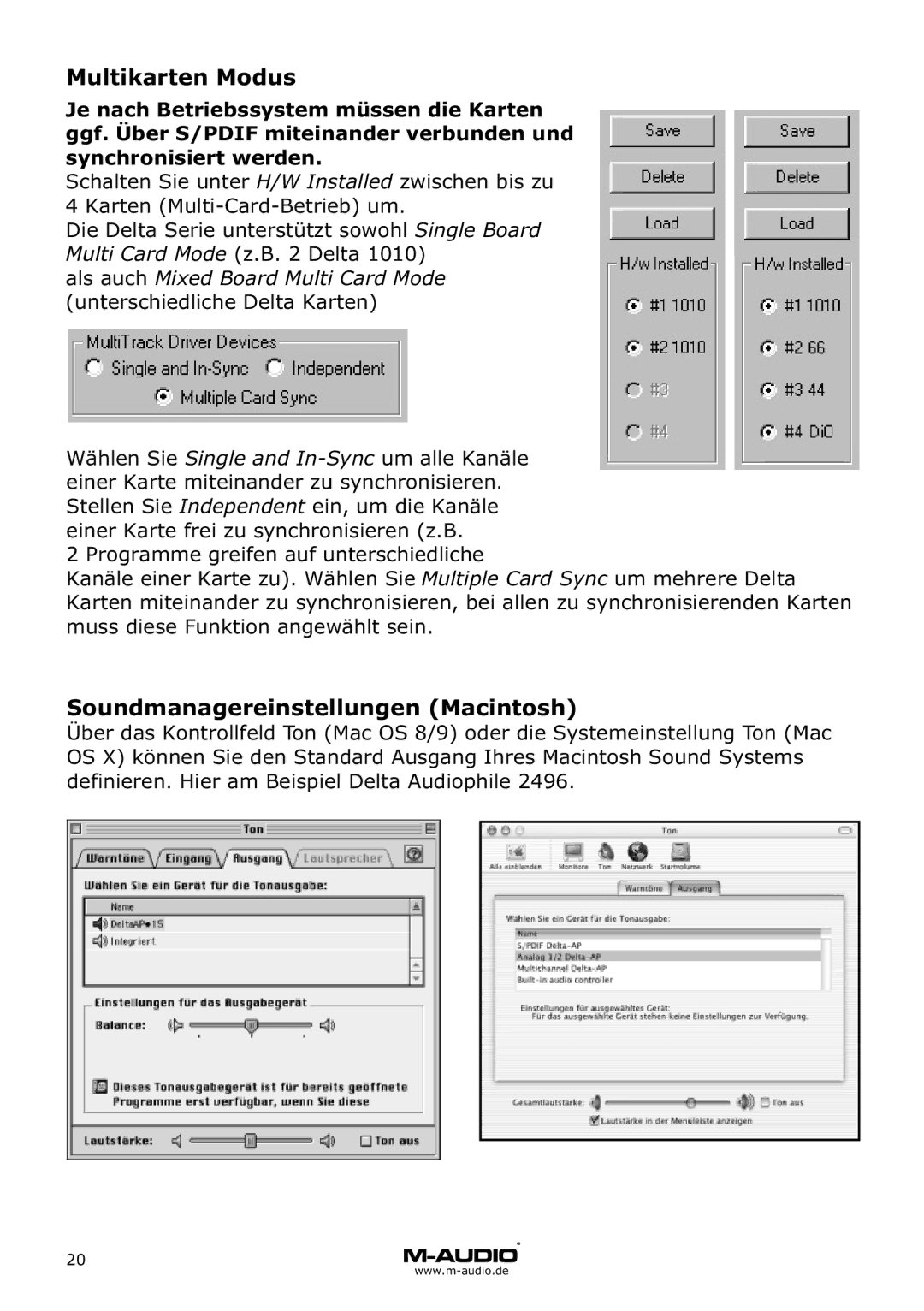 M-Audio Delta 66 manual Multikarten Modus, Soundmanagereinstellungen Macintosh 