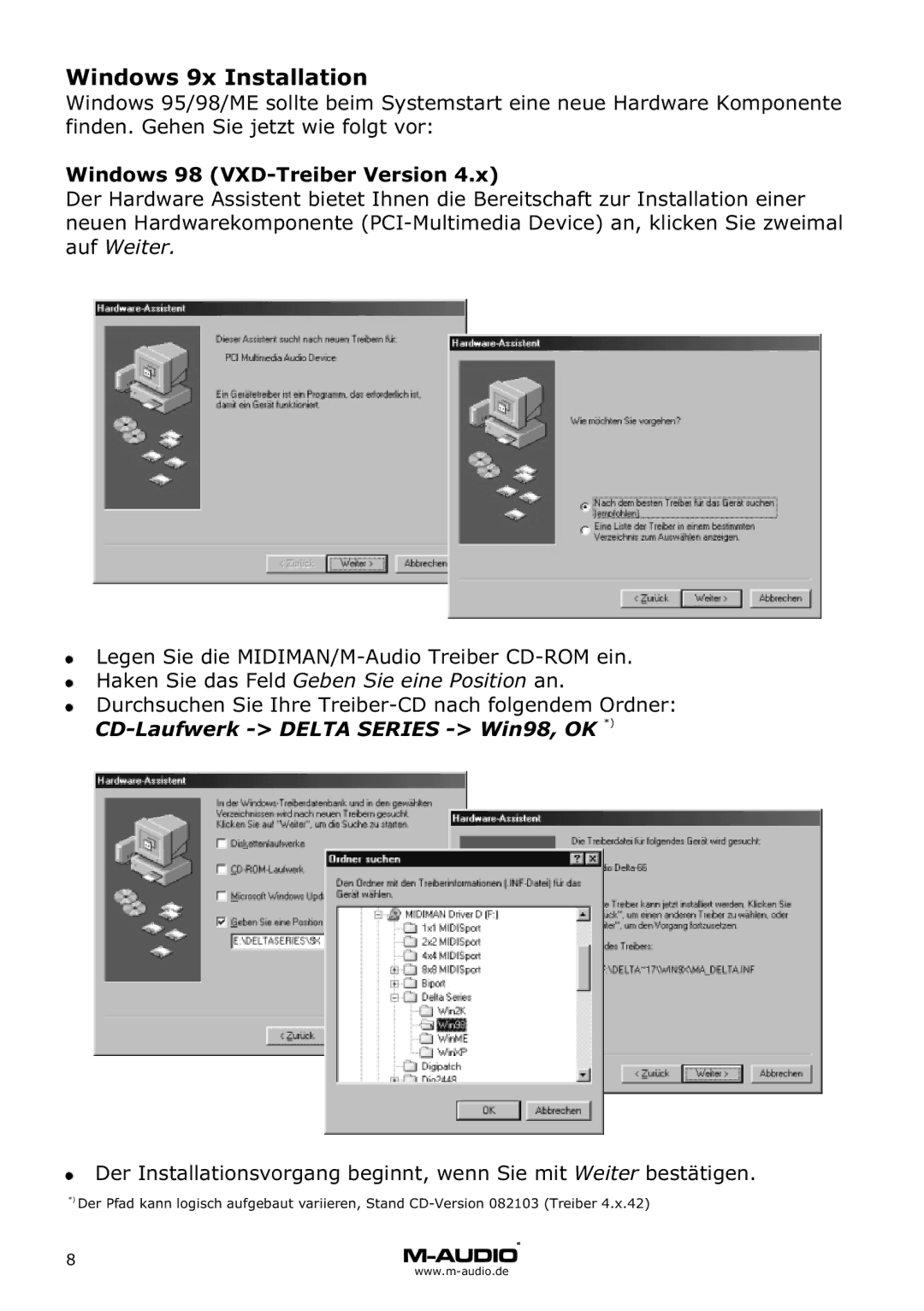 M-Audio Delta 66 manual Windows 9x Installation, Windows 98 VXD-Treiber Version 