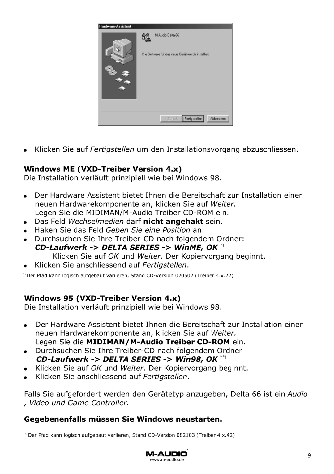 M-Audio Delta 66 manual Windows ME VXD-Treiber Version, Windows 95 VXD-Treiber Version 