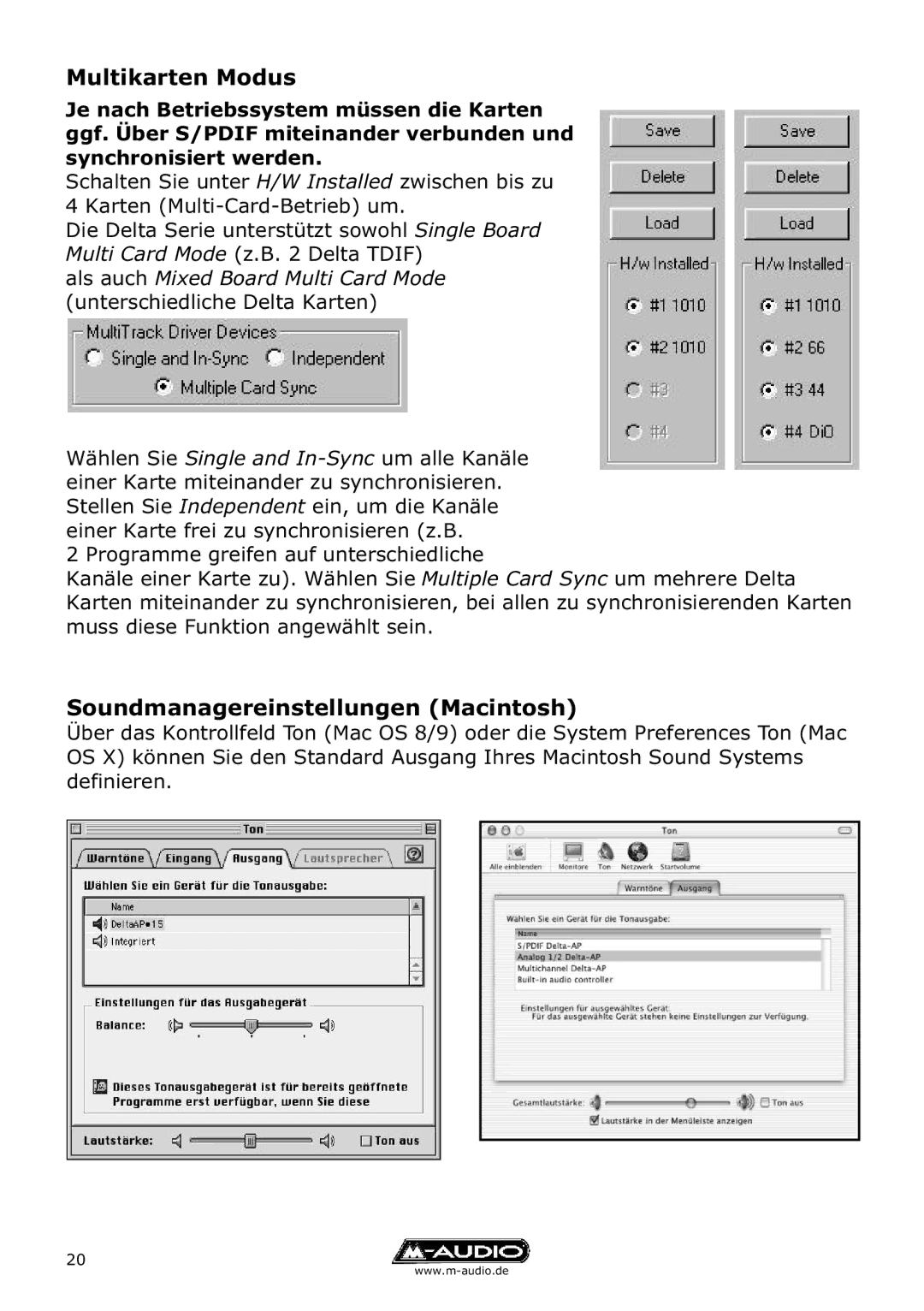 M-Audio Delta TDIF manual Multikarten Modus, Soundmanagereinstellungen Macintosh 