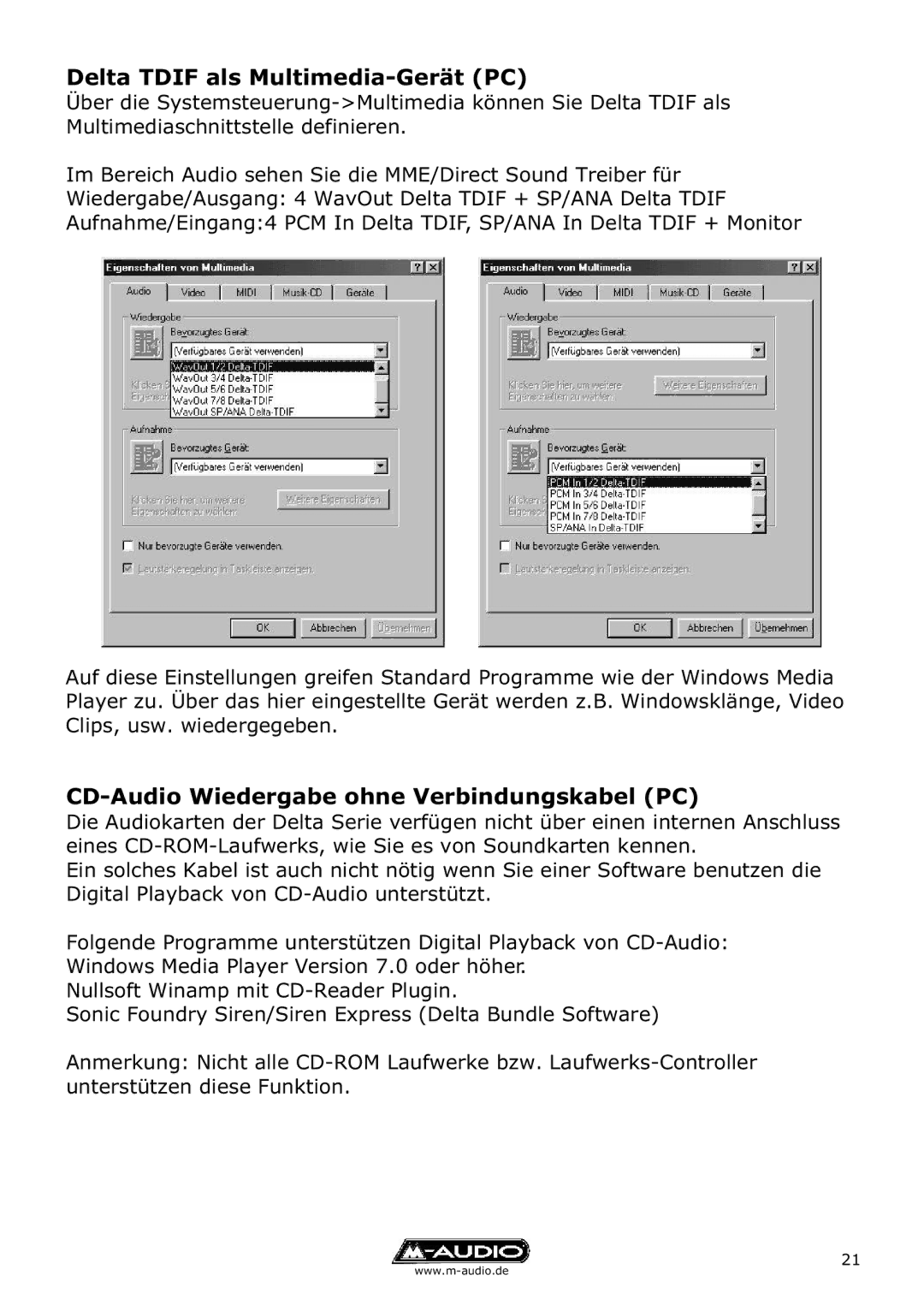 M-Audio Delta TDIF manual Delta Tdif als Multimedia-Gerät PC, CD-Audio Wiedergabe ohne Verbindungskabel PC 