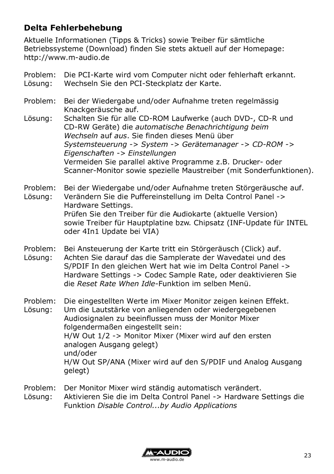 M-Audio Delta TDIF manual Delta Fehlerbehebung 