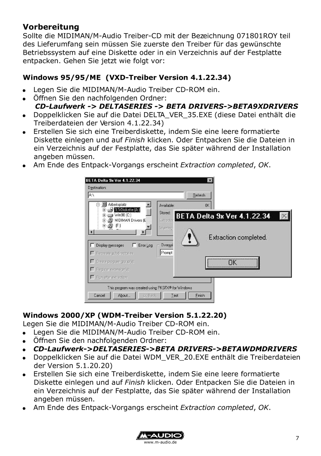 M-Audio Delta TDIF manual Vorbereitung, Windows 95/95/ME VXD-Treiber Version, Windows 2000/XP WDM-Treiber Version 