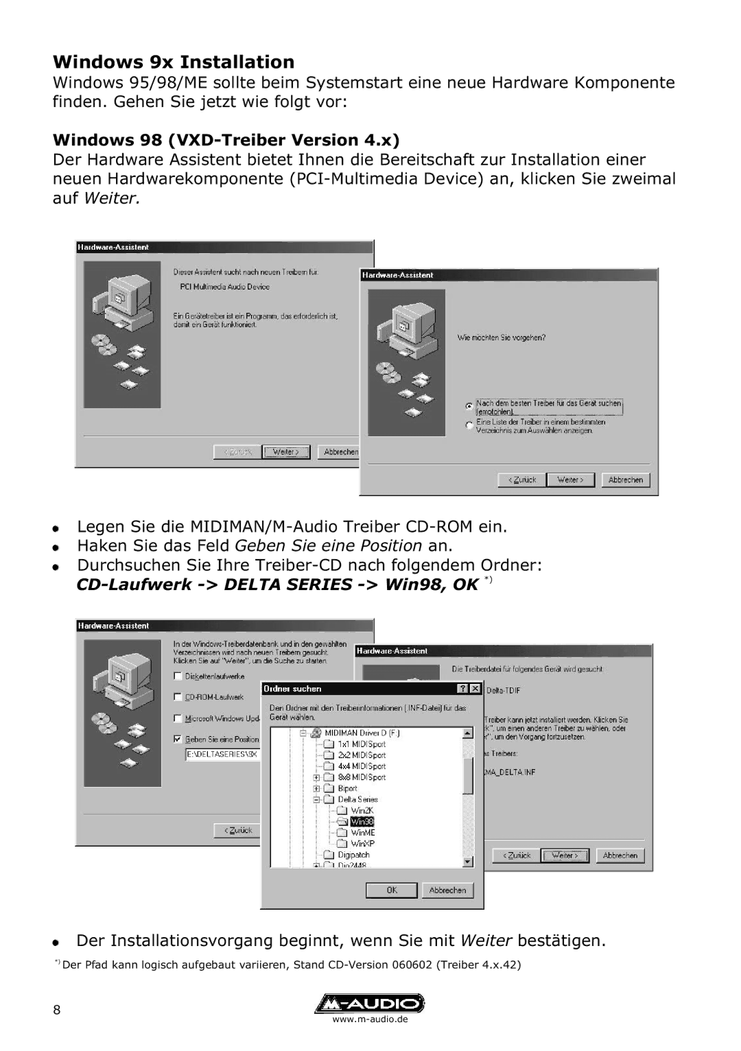 M-Audio Delta TDIF manual Windows 9x Installation, Windows 98 VXD-Treiber Version 