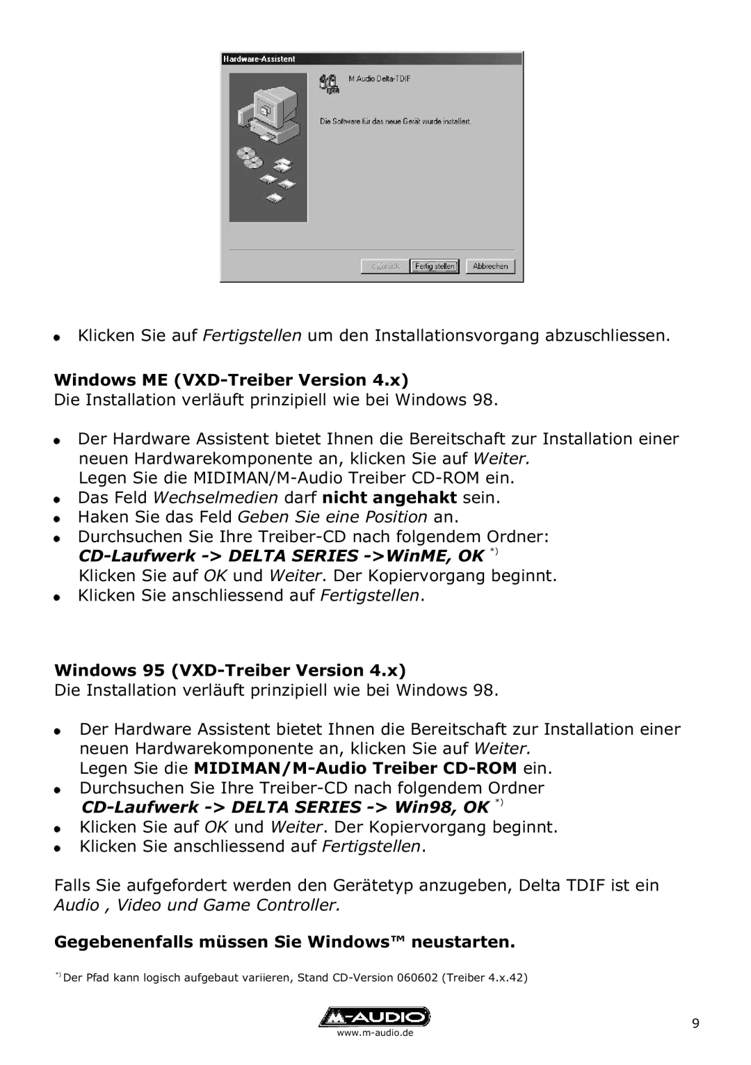 M-Audio Delta TDIF manual Windows ME VXD-Treiber Version, Windows 95 VXD-Treiber Version 