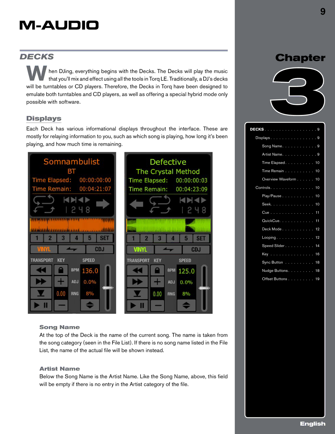 M-Audio Digital DJ System manual Decks, Displays, Song Name, Artist Name 