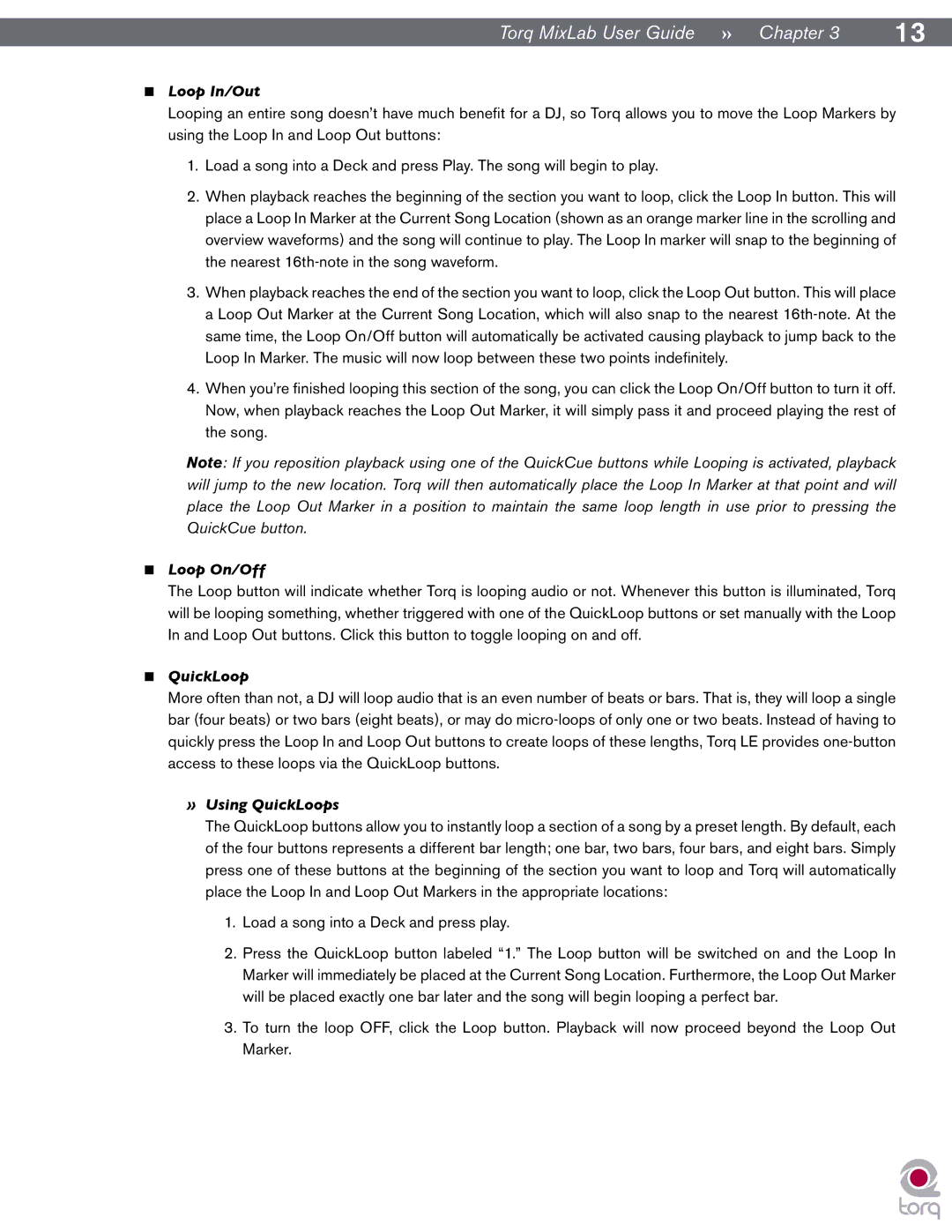 M-Audio Digital DJ System manual Loop In/Out, Loop On/Off, » Using QuickLoops 