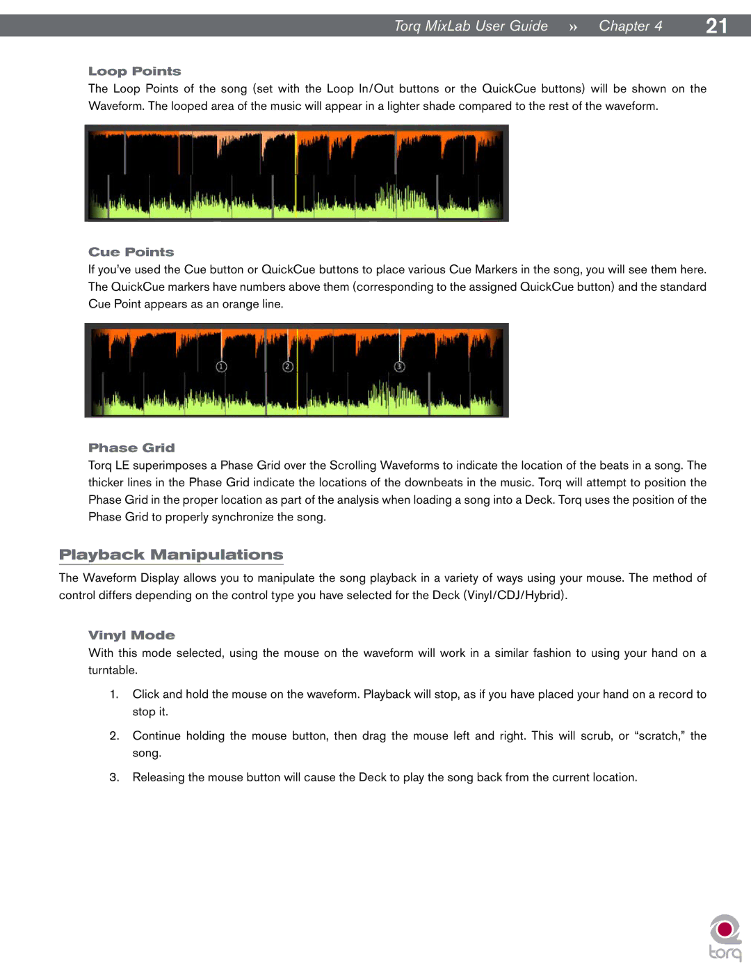 M-Audio Digital DJ System manual Playback Manipulations, Loop Points, Cue Points, Phase Grid, Vinyl Mode 