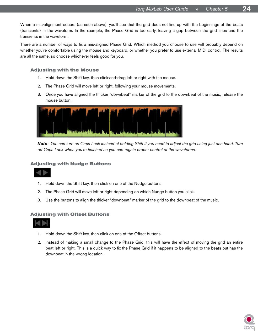 M-Audio Digital DJ System manual Adjusting with the Mouse, Adjusting with Nudge Buttons, Adjusting with Offset Buttons 