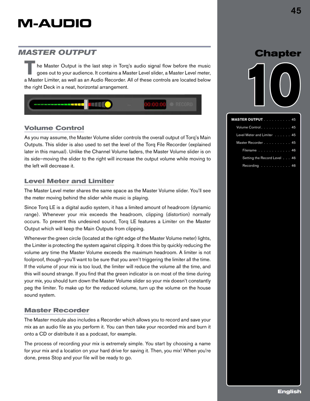 M-Audio Digital DJ System manual Master Output, Level Meter and Limiter, Master Recorder 