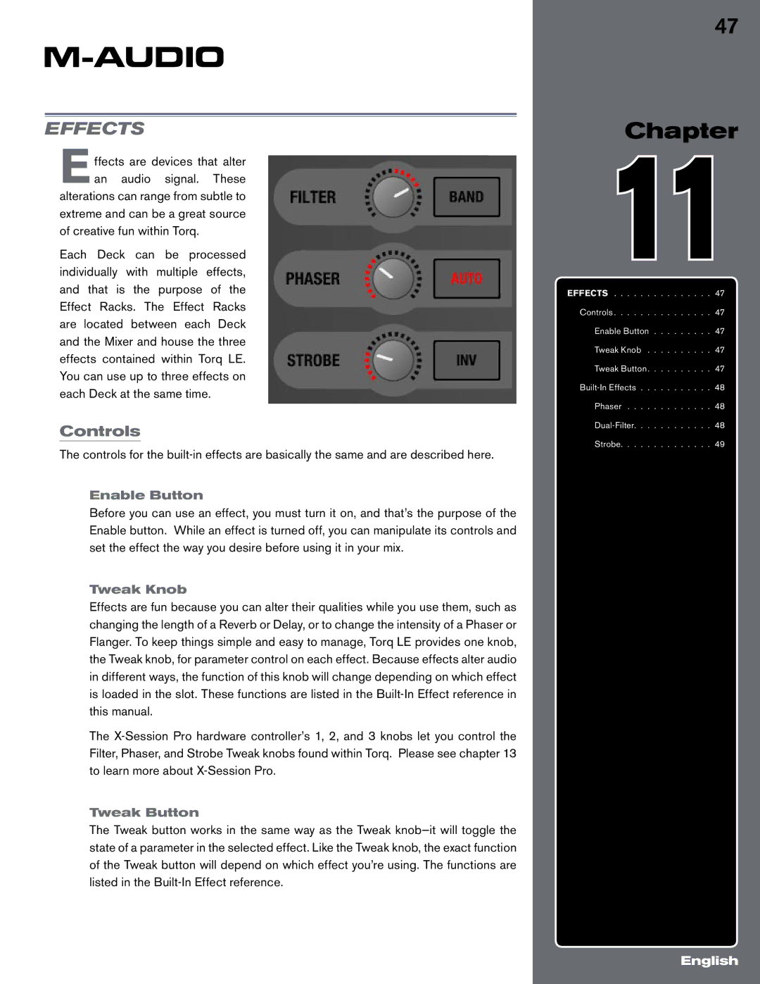 M-Audio Digital DJ System manual Effects, Enable Button, Tweak Knob, Tweak Button 