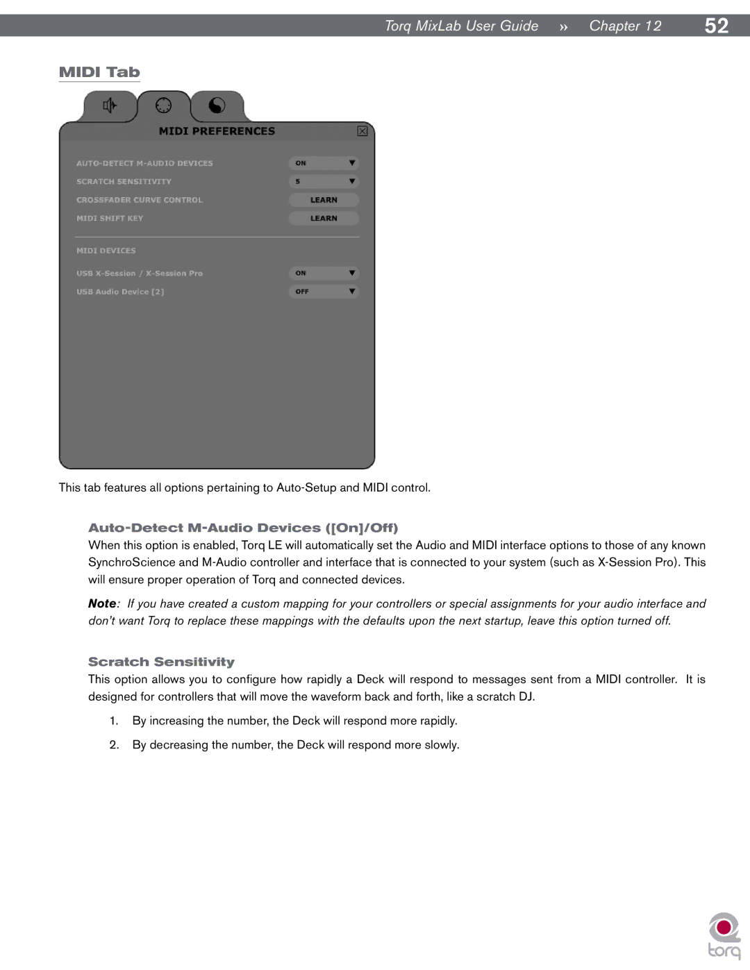 M-Audio Digital DJ System manual Midi Tab, Auto-Detect M-Audio Devices On/Off, Scratch Sensitivity 