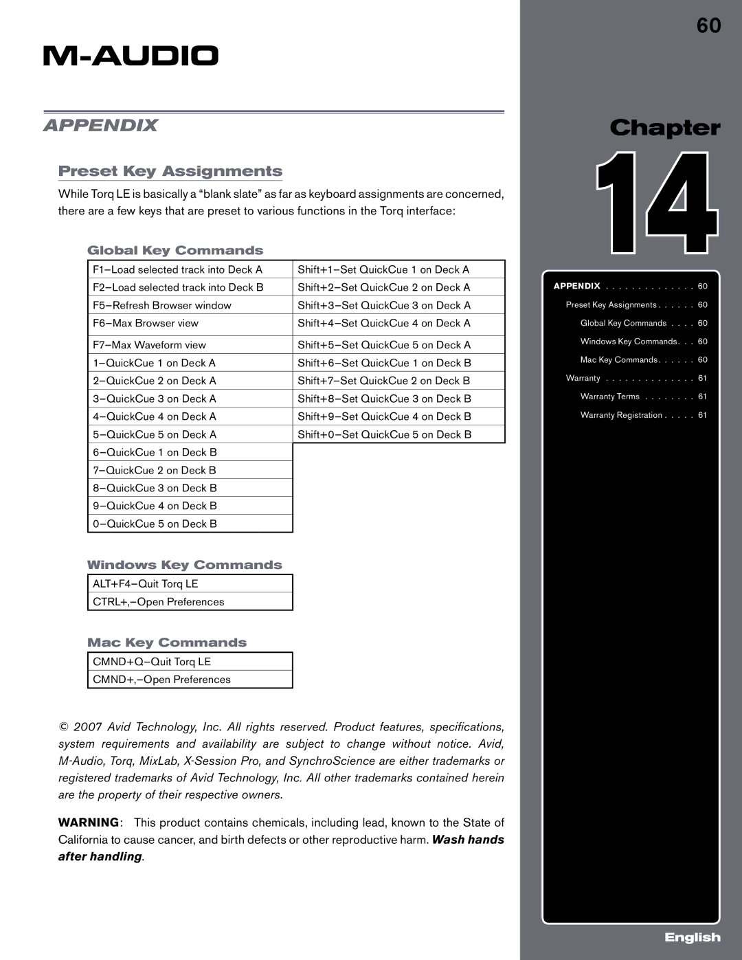 M-Audio Digital DJ System Appendix, Preset Key Assignments, Global Key Commands, Windows Key Commands, Mac Key Commands 