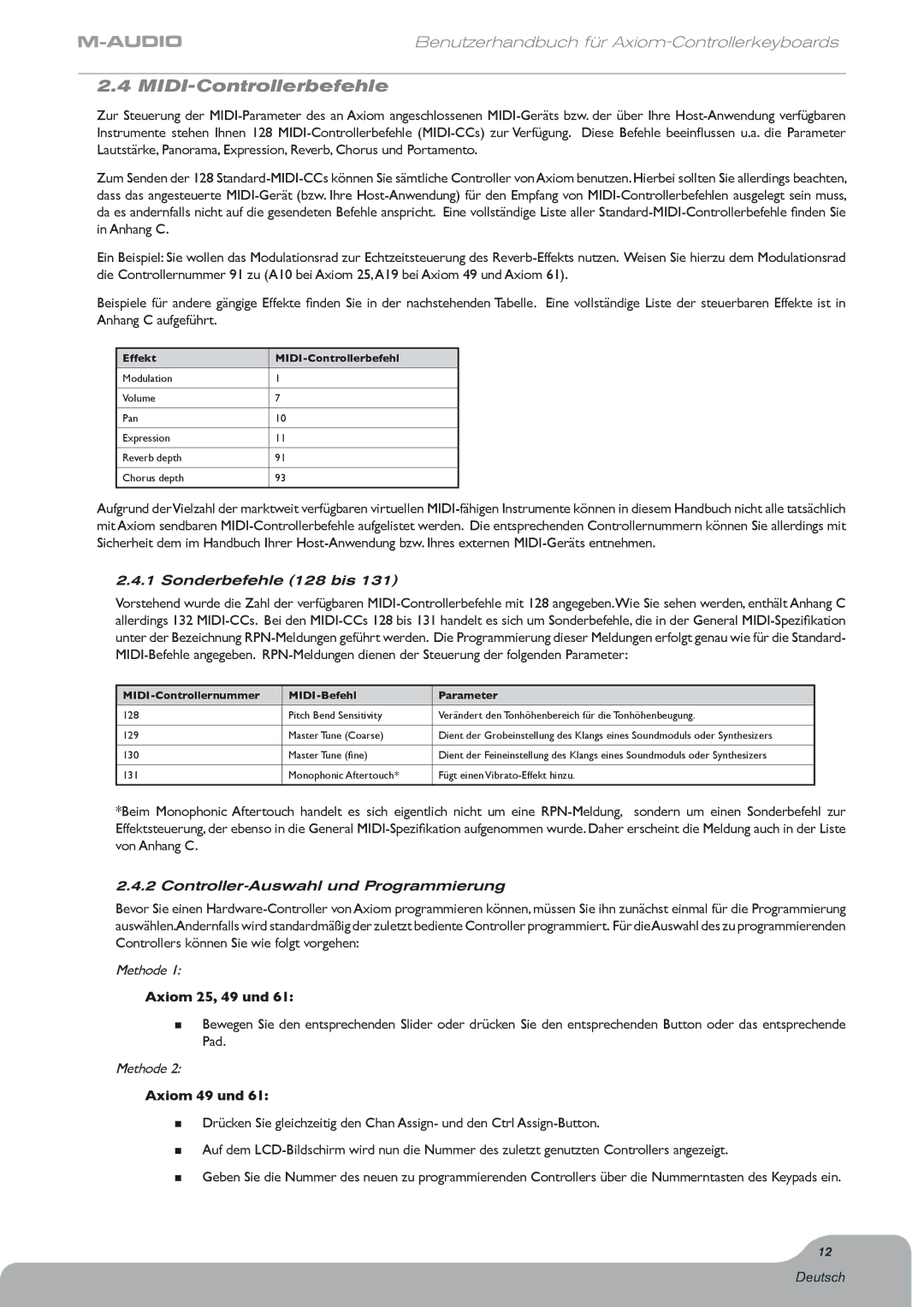 M-Audio Digital Piano manual MIDI-Controllerbefehle, Sonderbefehle 128 bis, Controller-Auswahl und Programmierung, Methode 