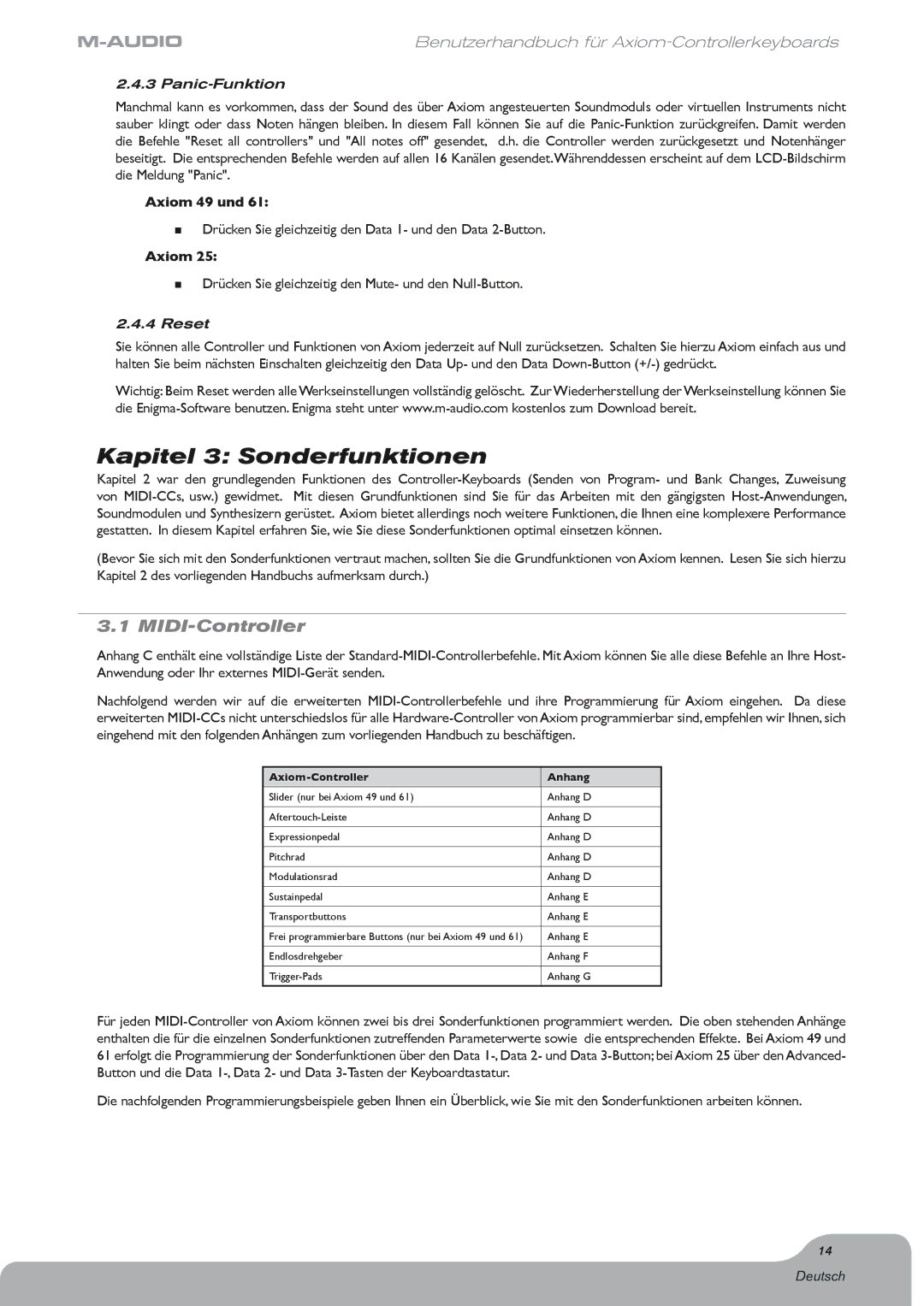 M-Audio Digital Piano manual Kapitel 3 Sonderfunktionen, MIDI-Controller, Panic-Funktion, Reset, Axiom-Controller Anhang 
