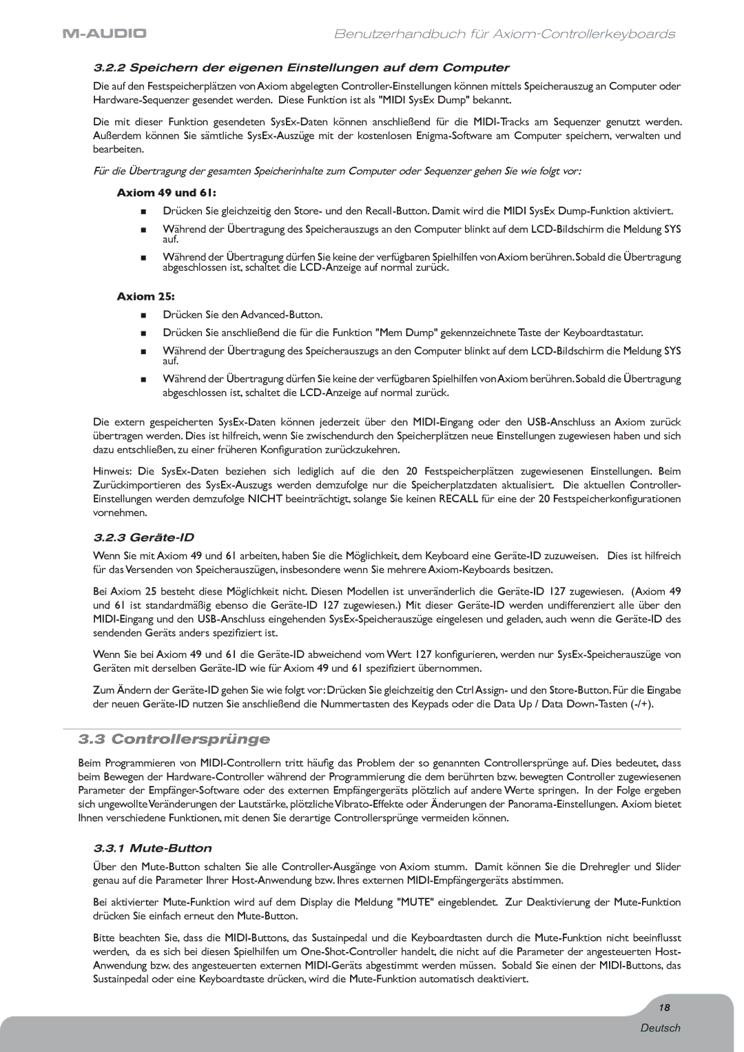 M-Audio Digital Piano Controllersprünge, Speichern der eigenen Einstellungen auf dem Computer, 3 Geräte-ID, Mute-Button 