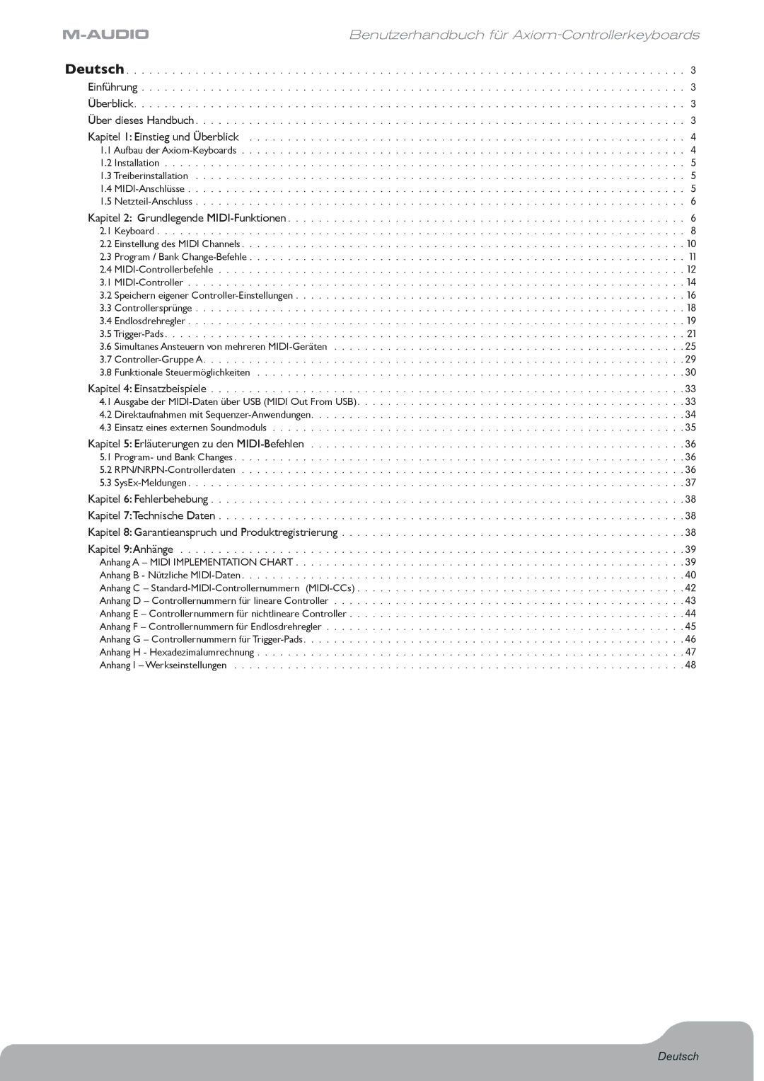 M-Audio Digital Piano manual Benutzerhandbuch für Axiom-Controllerkeyboards, Deutsch 