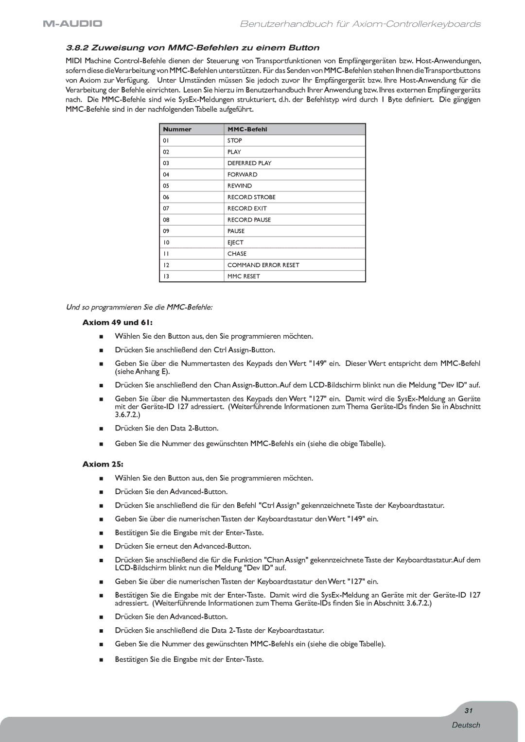 M-Audio Digital Piano manual Zuweisung von MMC-Befehlen zu einem Button, Und so programmieren Sie die MMC-Befehle 