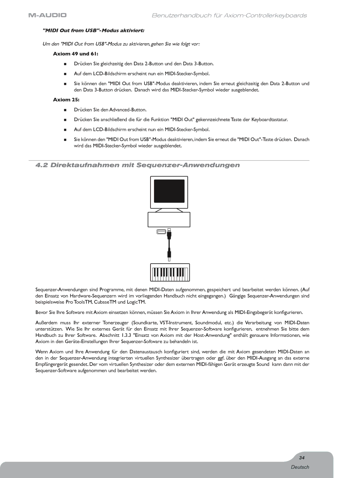 M-Audio Digital Piano manual Direktaufnahmen mit Sequenzer-Anwendungen, Midi Out from USB-Modus aktiviert 