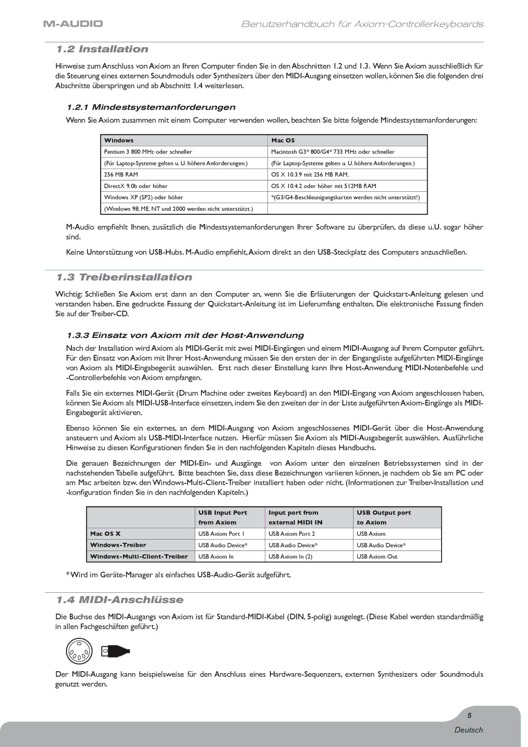 M-Audio Digital Piano manual Installation, Treiberinstallation, MIDI-Anschlüsse, Mindestsystemanforderungen 