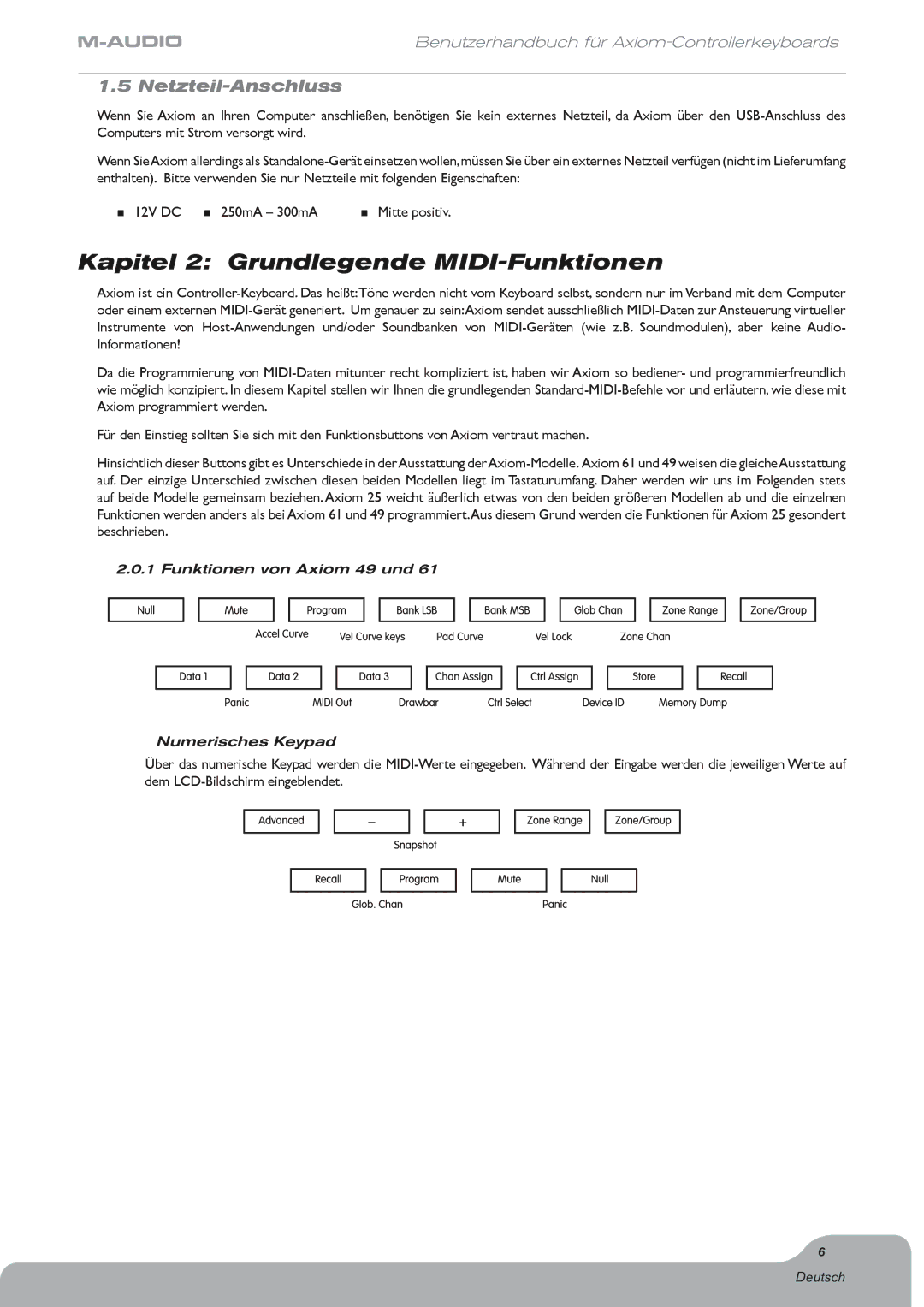 M-Audio Digital Piano manual Kapitel 2 Grundlegende MIDI-Funktionen, Netzteil-Anschluss 