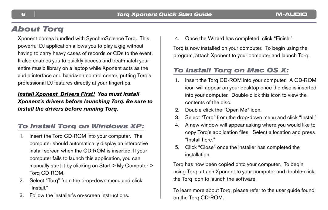 M-Audio DJ Equipment quick start About Torq, To Install Torq on Windows XP, To Install Torq on Mac OS 