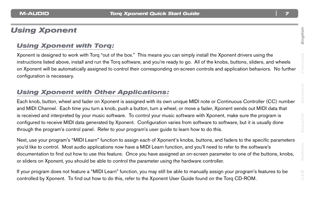 M-Audio DJ Equipment quick start Using Xponent with Torq, Using Xponent with Other Applications 