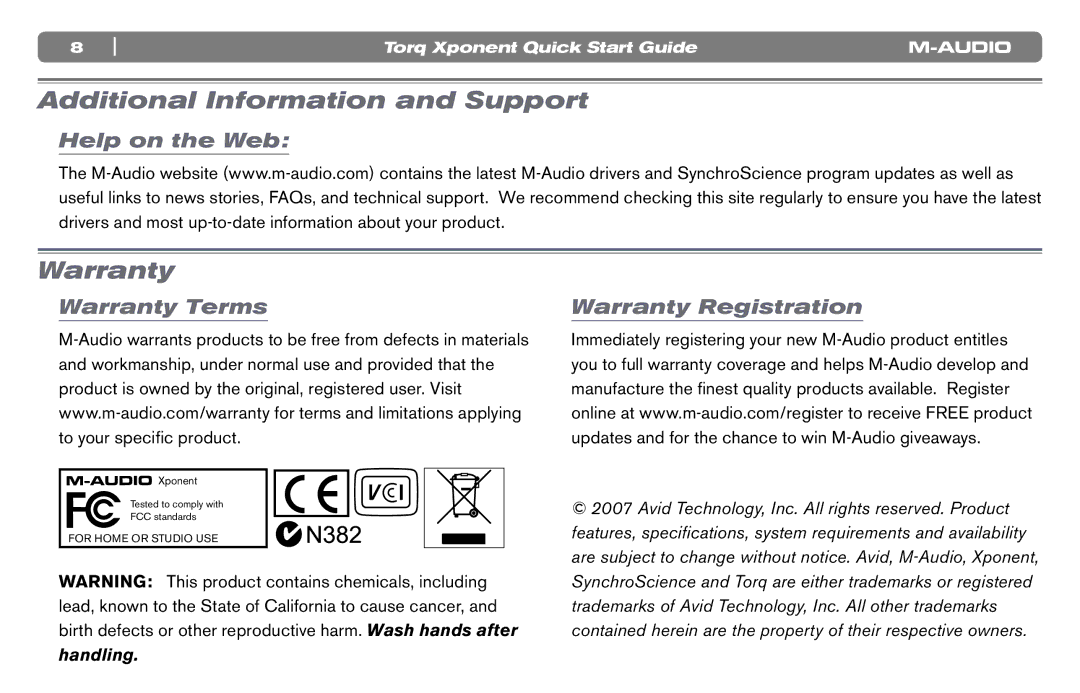 M-Audio DJ Equipment Additional Information and Support, Help on the Web, Warranty Terms Warranty Registration 