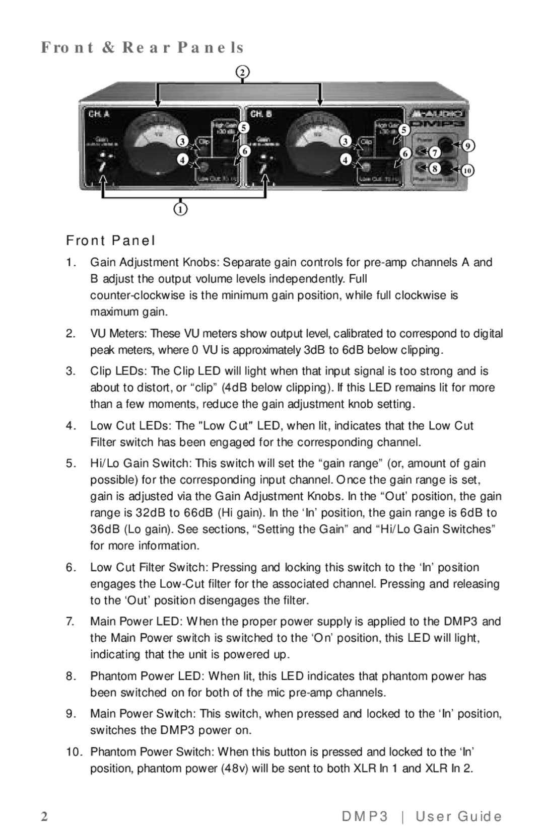 M-Audio DMP3 manual Front & Rear Panels, Front Panel 