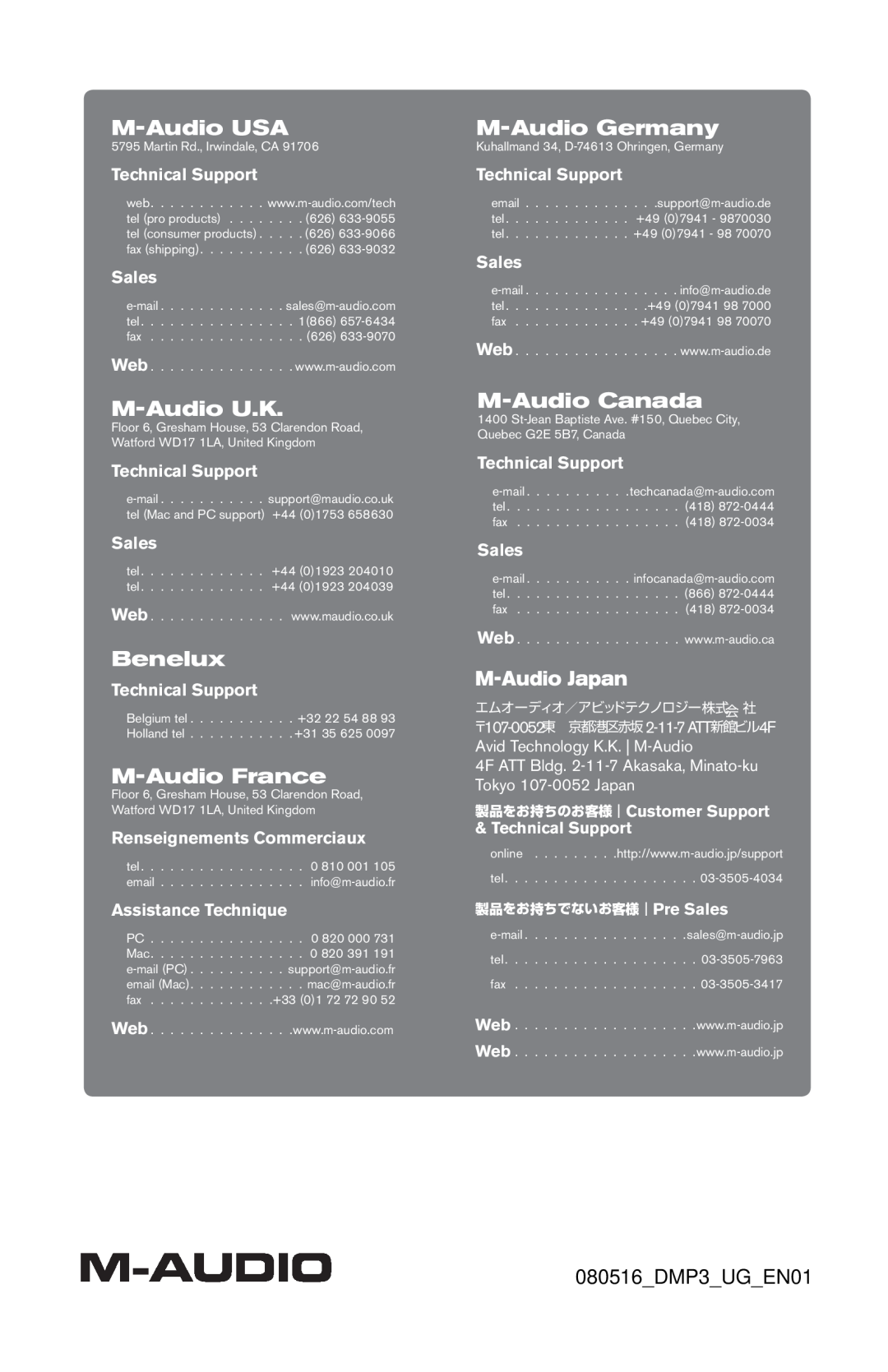 M-Audio DMP3 manual M-AudioUSA, M-AudioU.K, Benelux, M-AudioFrance, M-AudioGermany, M-AudioCanada, M-AudioJapan 