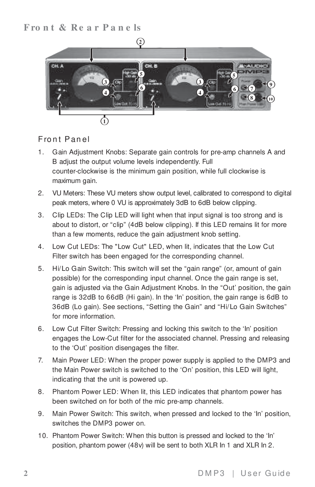 M-Audio manual Front & Rear Panels, Front Panel, DMP3 User Guide 