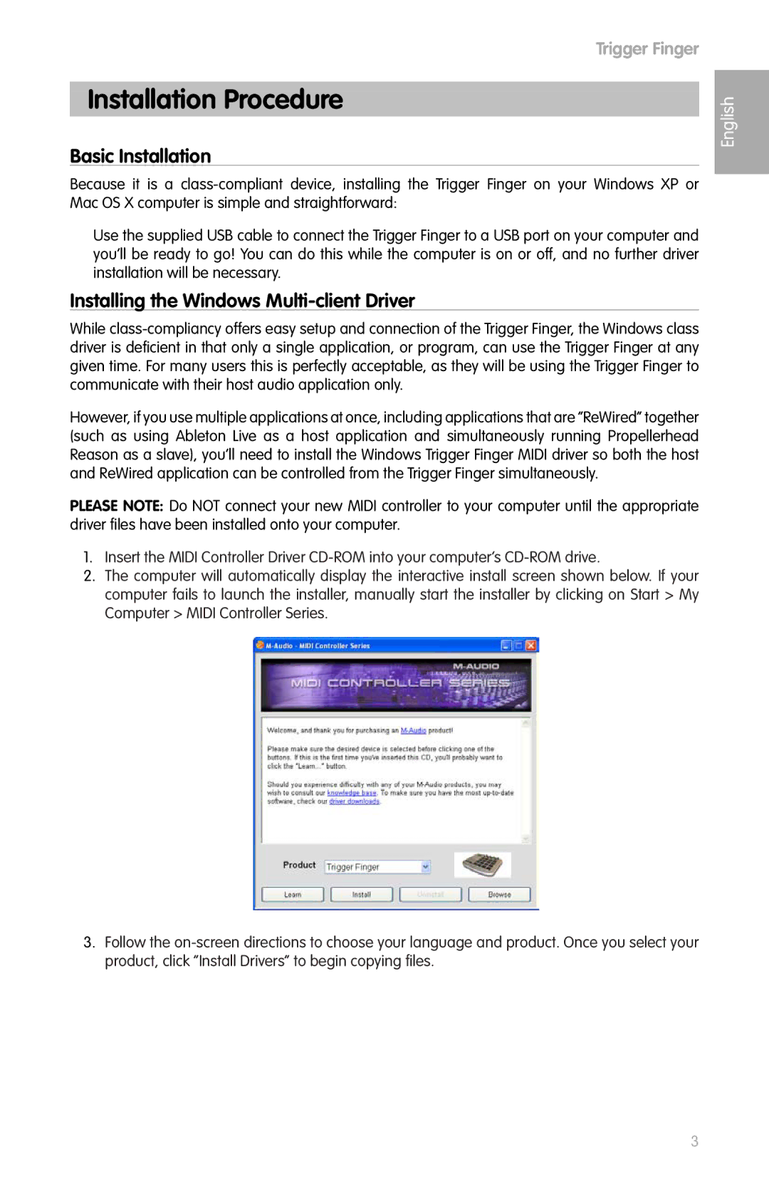 M-Audio Drums quick start Installation Procedure, Basic Installation, Installing the Windows Multi-client Driver, English 