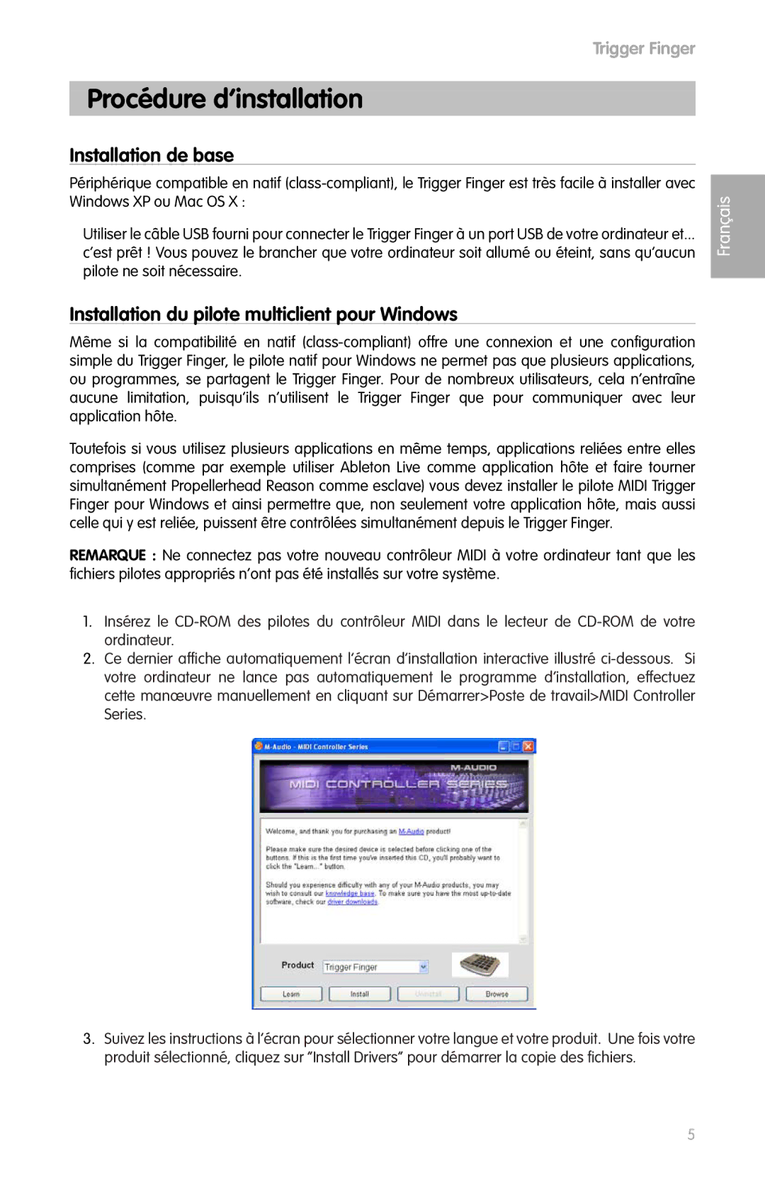 M-Audio Drums Procédure d’installation, Installation de base, Installation du pilote multiclient pour Windows, Français 