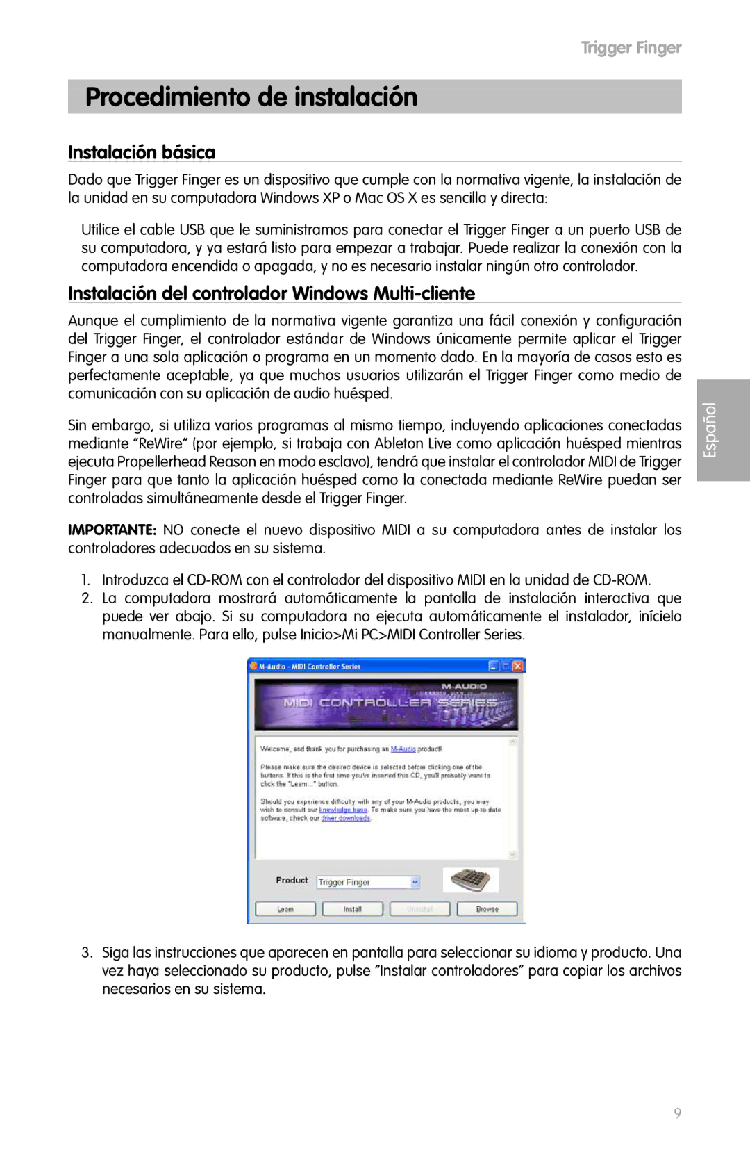 M-Audio Drums Procedimiento de instalación, Instalación básica, Instalación del controlador Windows Multi-cliente, Español 