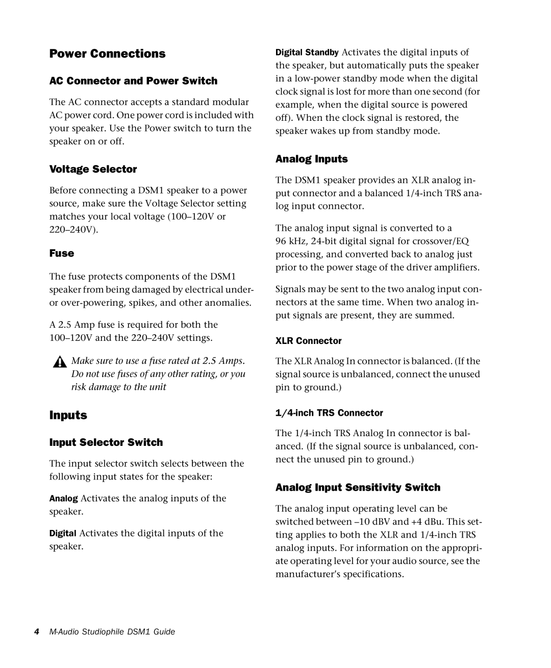 M-Audio DSM1 manual Power Connections 