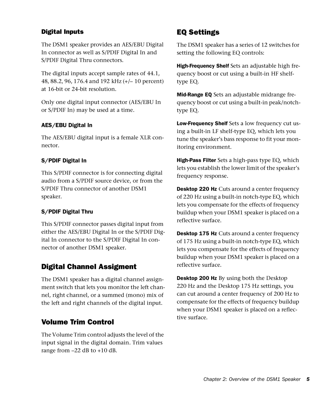 M-Audio DSM1 manual Digital Channel Assigment, Volume Trim Control, EQ Settings, Digital Inputs 