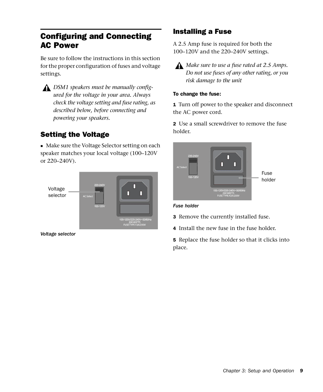 M-Audio DSM1 manual Configuring and Connecting AC Power, Setting the Voltage, Installing a Fuse 