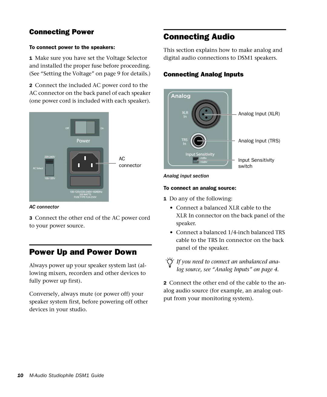 M-Audio DSM1 manual Power Up and Power Down, Connecting Audio, Connecting Power, Connecting Analog Inputs 