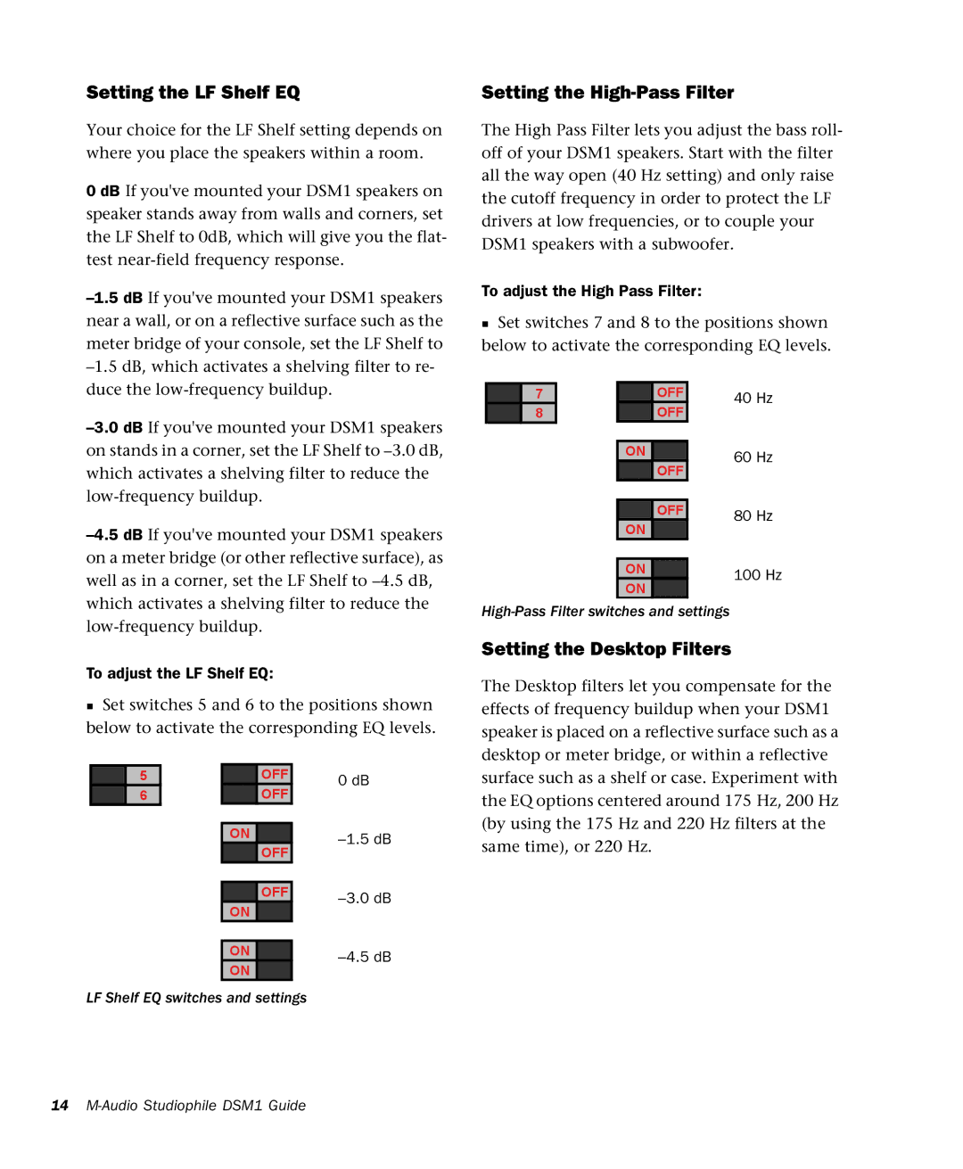 M-Audio DSM1 manual Setting the LF Shelf EQ, Setting the High-Pass Filter, Setting the Desktop Filters 