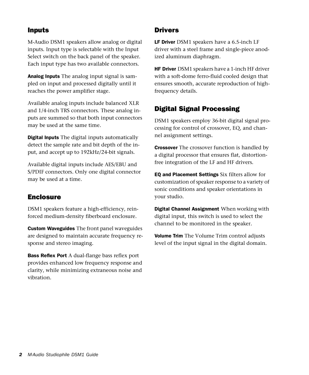 M-Audio DSM1 manual Inputs, Enclosure, Drivers, Digital Signal Processing 